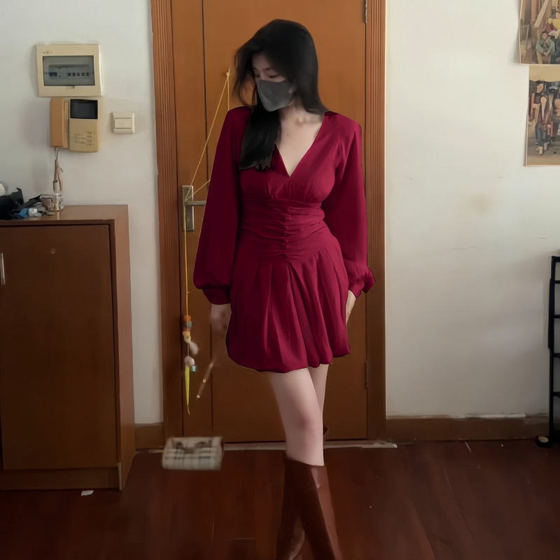 Two-Dimensional Pure Color Long-Sleeved Dress for Women Spring & Fall New V Neck French Slim Skirt Waist Chiffon Skirt