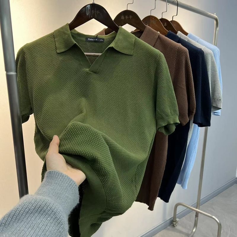 100% Cotton Pineapple Knit Summer Seagull Collar Breathable Lightweight V-Neck Short-Sleeve Men's Fashion Casual Knitted Polo Shirt Mengwei