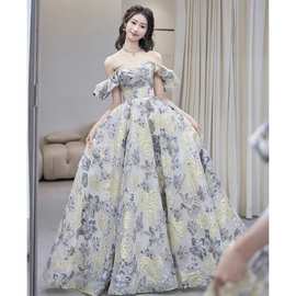 主持人晚礼服裙2025新款一字肩高级感轻奢小众气质订婚新娘敬酒服