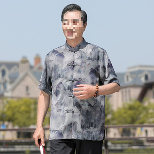 Middle-Aged and Elderly Summer Tang Suit Men's Ice Silk Thin Short-Sleeved Suit Casual Dad Chinese Style Loose Large Size Clothes for the Elderly