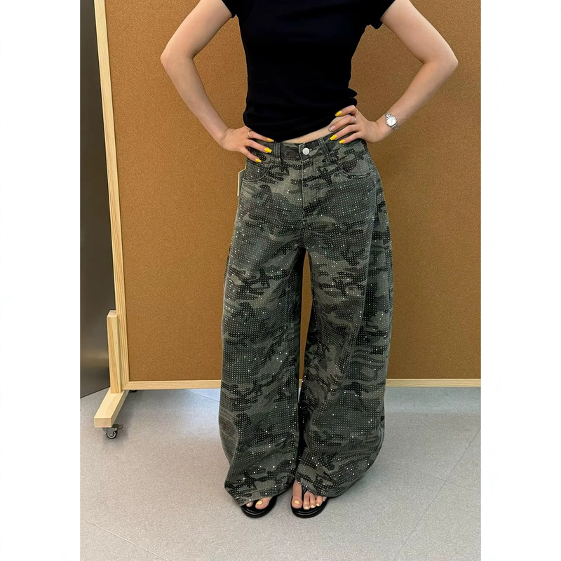 American-style hot girl rhinestone camouflage casual pants for men and women, trendy hiphop loose-fitting versatile straight wide-leg long pants for women