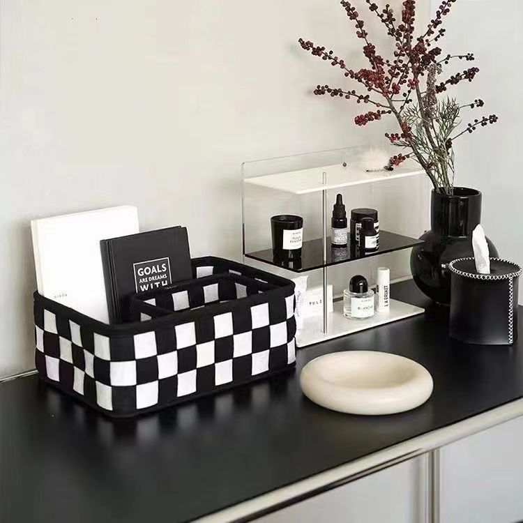 Cross-Border Checkerboard Felt Storage Basket Black and White Grid Desktop Storage Box Storage Basket Toy Organizer Basket Ins Style