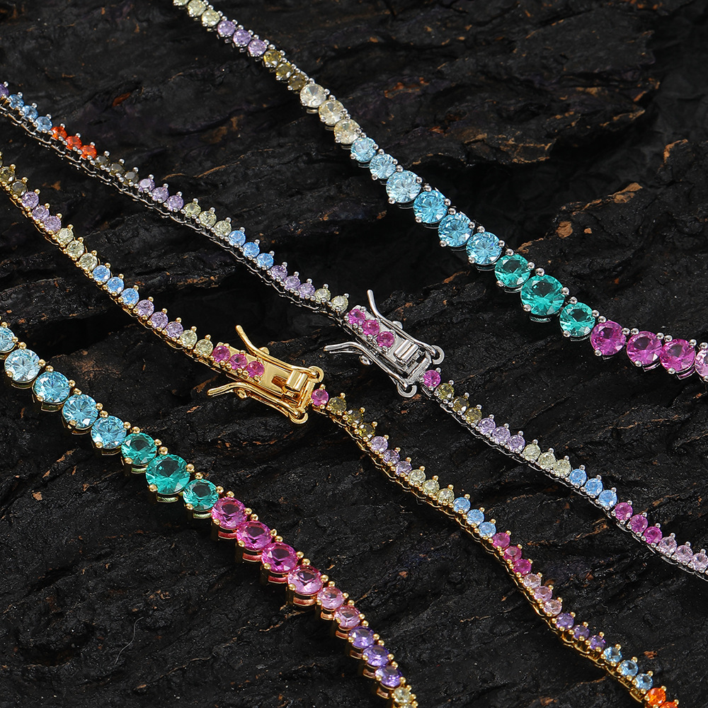 Copper Pendant Material Zircon Inlay Material Three-Claw Gradient Color Zircon Tennis Necklace New Trendy Unique Chain Hip Hop Style Style Twin