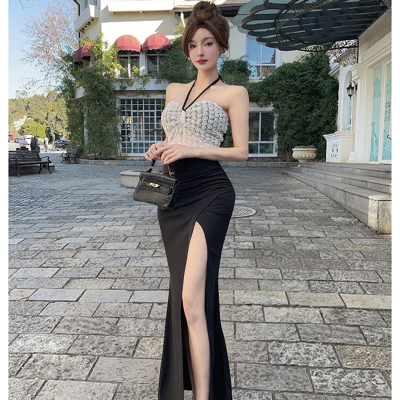 Sexy Strapless Dress with Suspenders, Technician Work Uniform, Figure-Flattering, Elegant Ladylike Evening Gown