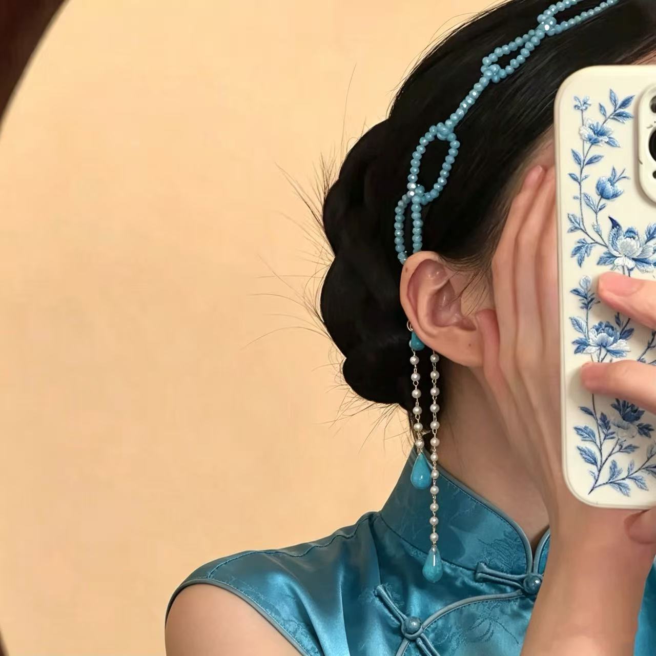 "A Touch of Azure" 2026 New Chinese Style Beaded Tassel Hair Chain, Hairband, Ancient Style Headband, Women's Cheongsam Headwear
