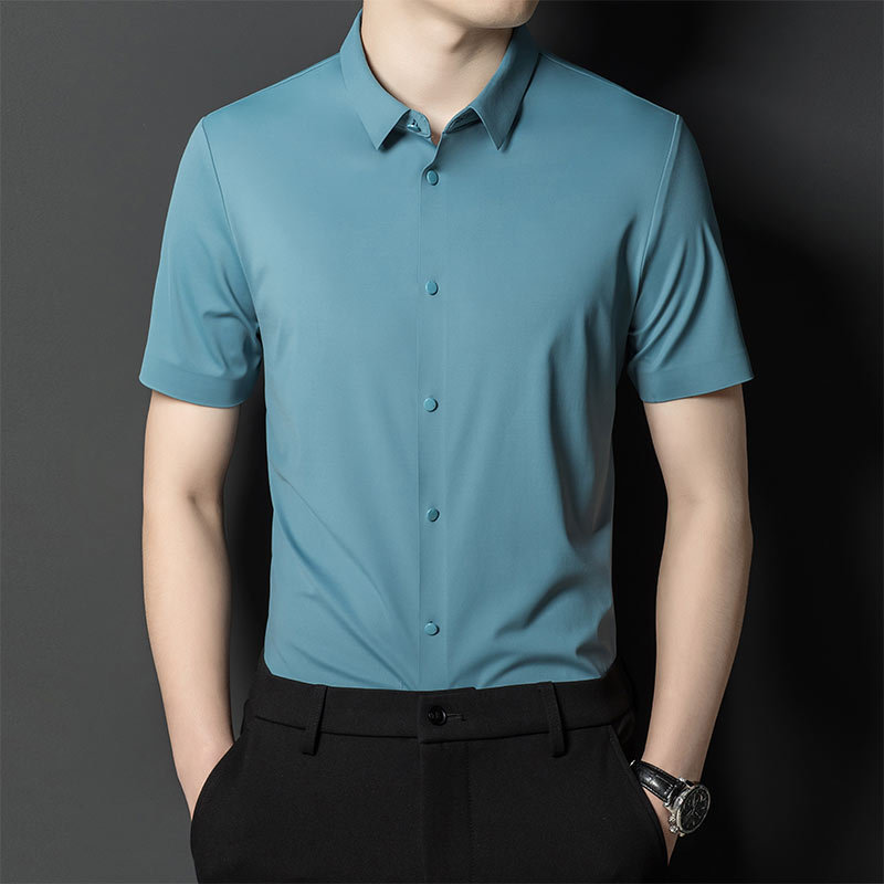 Men's Business Short-Sleeved Shirt with Four-Way Stretch, Laser-Cut Nylon Summer Casual Slim-Fit Shirt