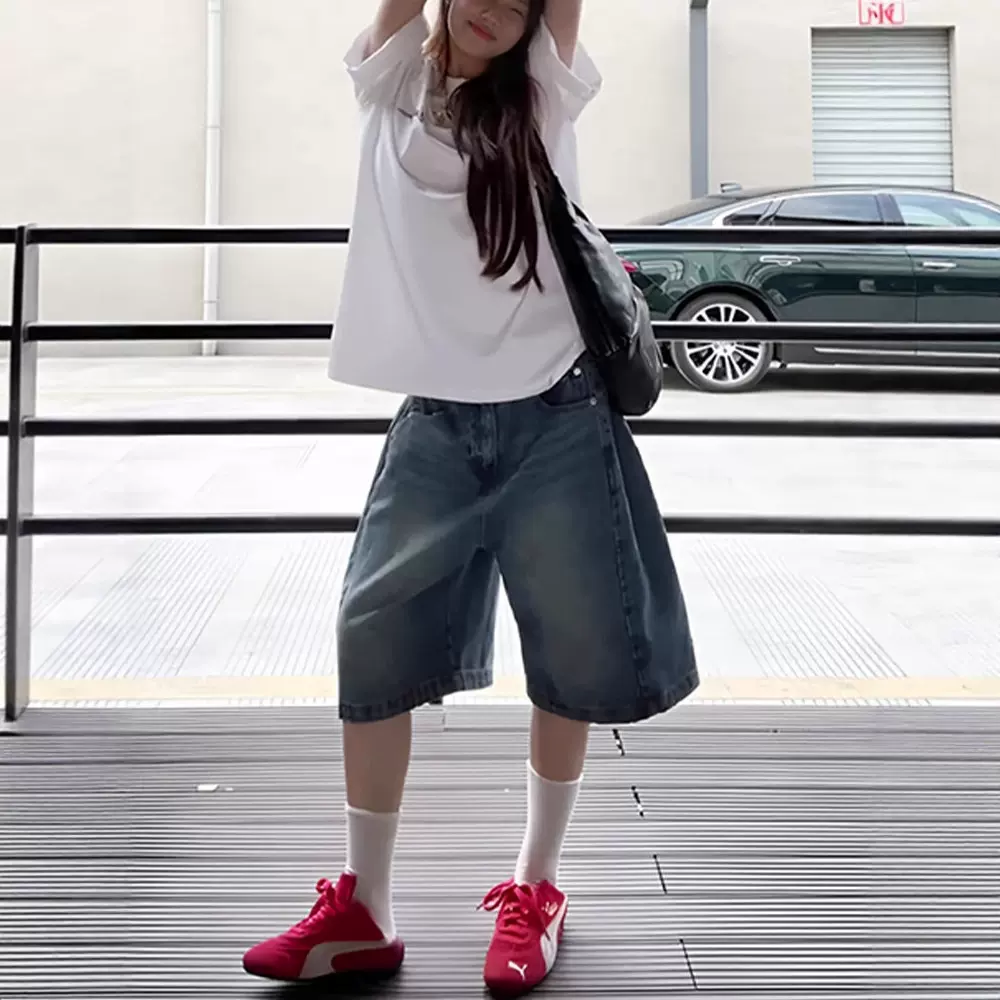复古阔腿弯刀牛仔五分短裤女夏季新款高腰宽松显瘦直筒六分中裤子