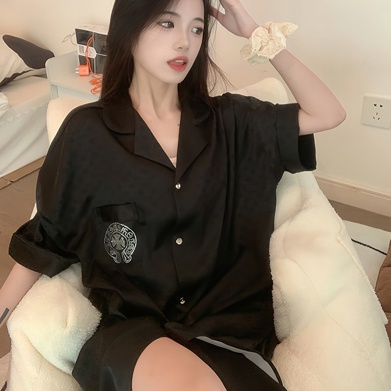 남자 친구 스타일 잠옷 여성 하이 엔드 라이트 럭셔리 틈새 순수한 욕망 셔츠 원피스 아이스 실크 블랙 핫 다이아몬드 슬리밍 홈 옷