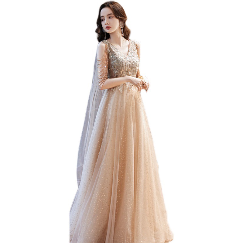 Abito da sera color champagne da donna, stile sobrio e lussuoso, elegante abito da donna per cerimonie di passaggio all'età adulta, lauree e spettacoli._voghion.com