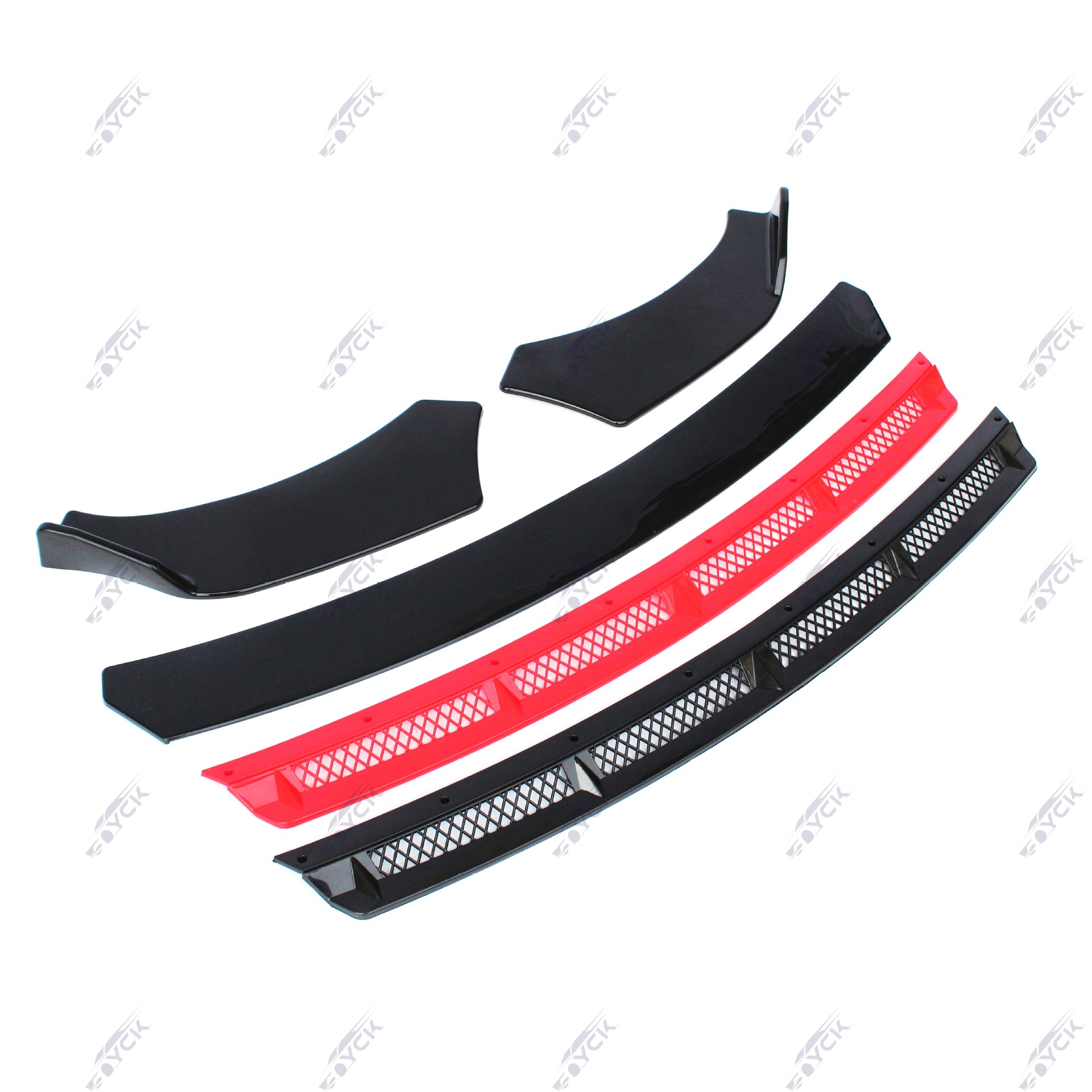 Universal Car Front Bumper with Mesh, Front Lip, Large and Small Surround Modification Parts, Double-Layer Four-Section Anti-Collision Kit