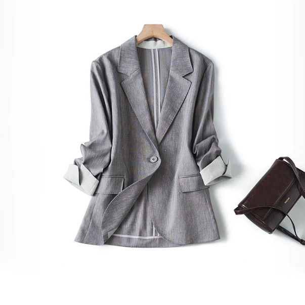 High-Quality Heather Gray Suit Jacket for Women, Spring and Summer Breathable Cotton-Linen, One-Button, Loose-Fitting, Waist-Cinching, Three-Quarter Sleeve