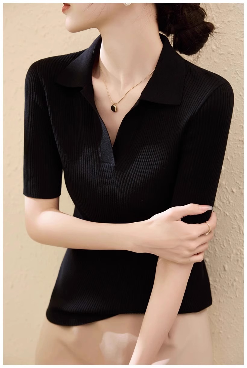 Áo thun dệt kim dáng ôm cổ chữ V nửa hở tay ngắn chất Lyocell Tencel mùa hè — Màu đen chi tiết 6