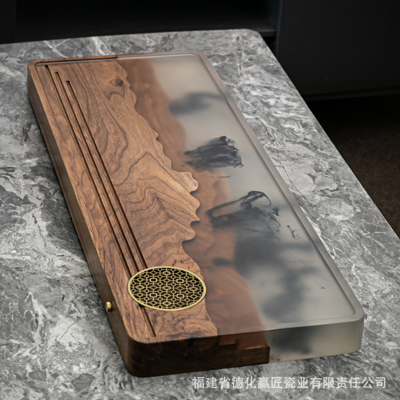 bandeja de té de resina de nuez, mesa de burbuja seca de madera sólida de alta gama, sala de estar doméstica, nueva bandeja de té china grande