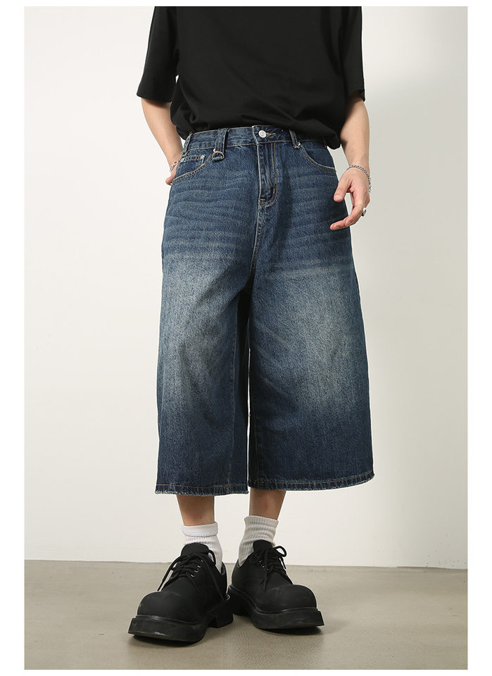 Quần short denim nam dáng rộng ống suông — Da bò thô màu đen, Xanh denim thô, Xanh đậm, Đen xám chi tiết 20