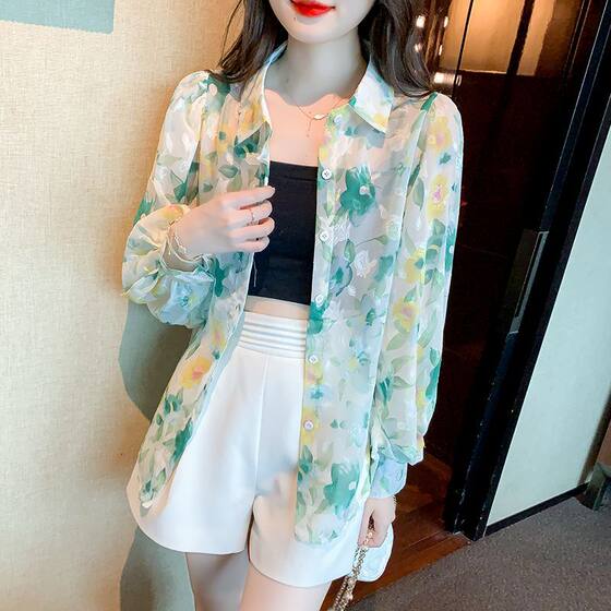 Loose Lantern Sleeve Shirt Women's 2025 Spring and Autumn Thin Fresh Style Floral Cardigan Sunscreen Clothes Long Sleeve Chiffon Shirt