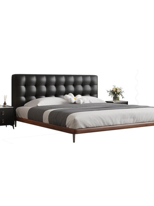 Black Bed, Leather Bed, Master Bedroom, High-End Luxury Large Bed, Modern Simple Double Bed, High-End Atmospheric Waffle Bed