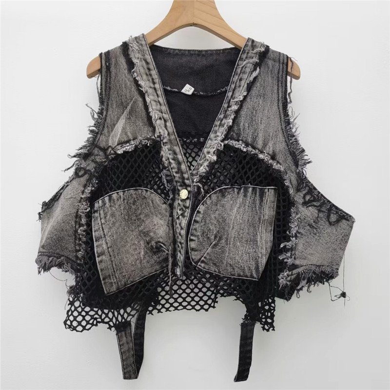 Placa de malla de cuello V chaleco de vaquero de verano de mujeres europeas fritas calles de moda de borde suelto corto sin mangas chaqueta de clip
