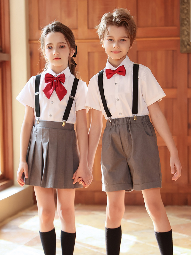 Trajes de interpretación de coro de verano para niños, trajes de tirantes de estilo británico para escuelas primarias y secundarias, uniformes de jardín de infantes, uniformes de clase de graduación
