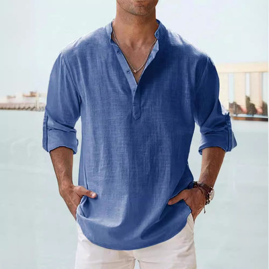 Summer New Casual Men's Loose Men's Fashionable Collar Sports Solid Color Long Sleeve Cotton Top Large Size Shirt in Stock
