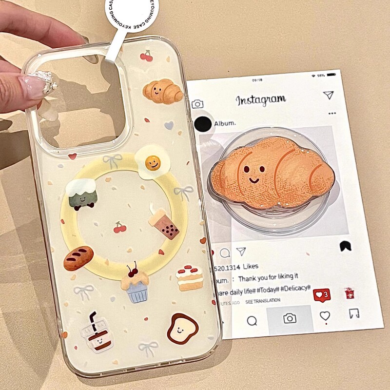 Ins Style Croissant Magnetic Holder Suitable for Apple 16Promax Mobile Phone Case Iphone17/14 Female 13 Autumn and Winter