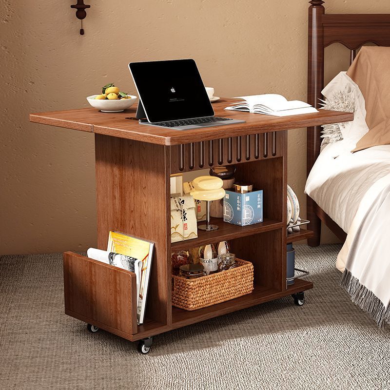 Chinese-Style Wooden Living Room Foldable Countertop Storage Rack with Rollers Bedside Storage Cabinet Multi-Functional Computer Side Table