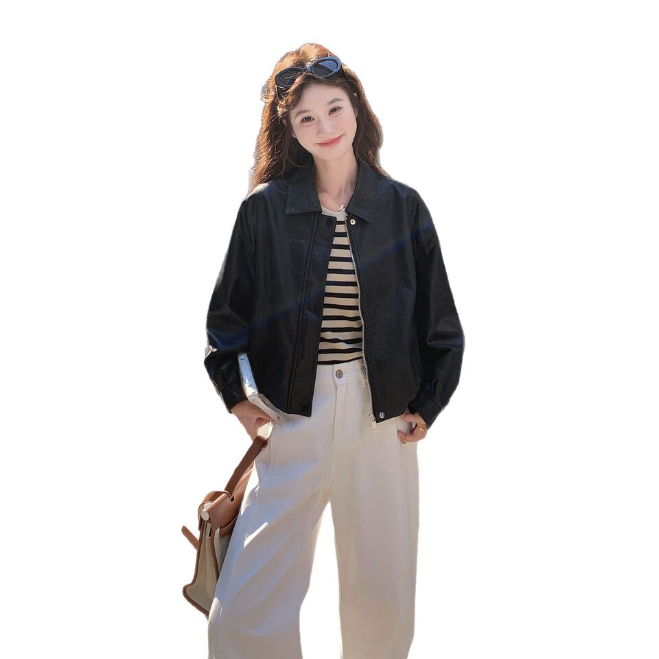 Áo khoác da PU nữ dáng ngắn cổ bẻ phong cách retro, form rộng, khóa kéo — màu đen