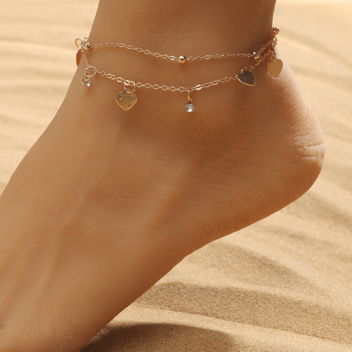 Europe And America Cross Border Double Layers Loving Heart Anklet Vintage Alloy Peach Heart Multi-layer Beach Chain Net Red Cold Wind Foot Ornaments Women display picture 2