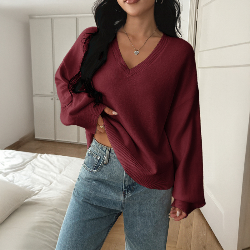 跨境欧美Y2K辣妹风V领纯色长袖毛衣毛织女装2025秋冬亚马逊独立站|undefined