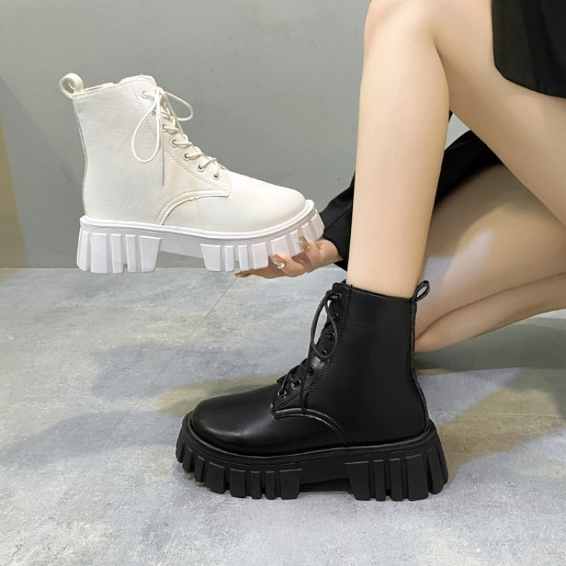 2025 New Spring and Autum Small Boots for Women British Style Mid-Calf Boots Lace-Up Round Toe Thick-Soled Short Boots Single Boots