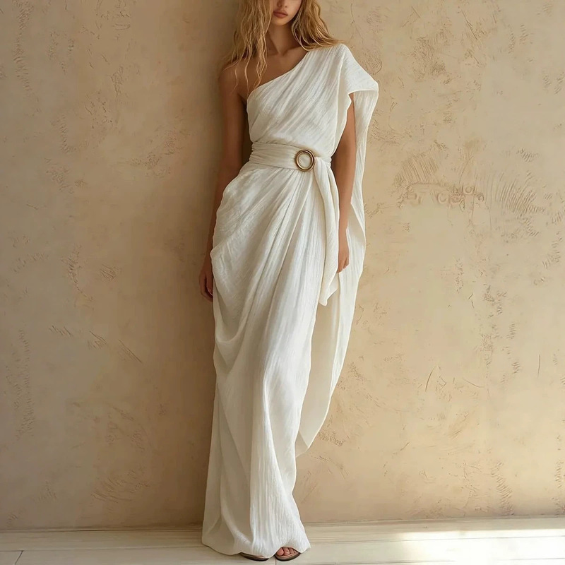 2026 Spring/Summer Cross-Border European and American Amazon Cotton and Linen Greek Style Classical One-Shoulder Belted Irregular Hem Dress