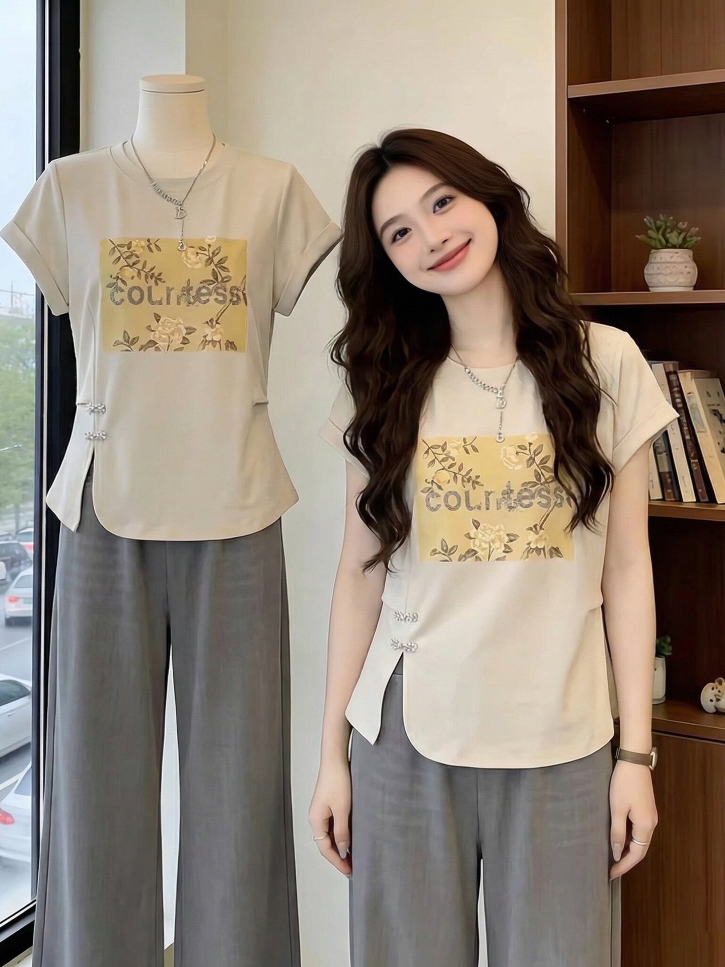 Áo thun ngắn tay nữ phong cách quốc gia cổ đĩa, tay ngắn không đối xứng, form rộng thoải mái — màu mơ