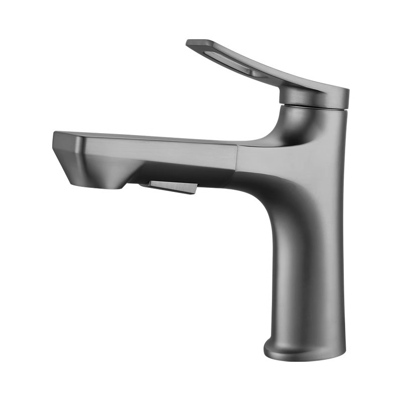 Pistola de cobre Grifo gris Lavabo extraíble Todo cobre Grifo telescópico plateado frío y caliente multifuncional Aguja de un solo orificio