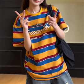 复古撞色条纹短袖T恤2025新款美式慵懒休闲上衣印花圆领大码女装