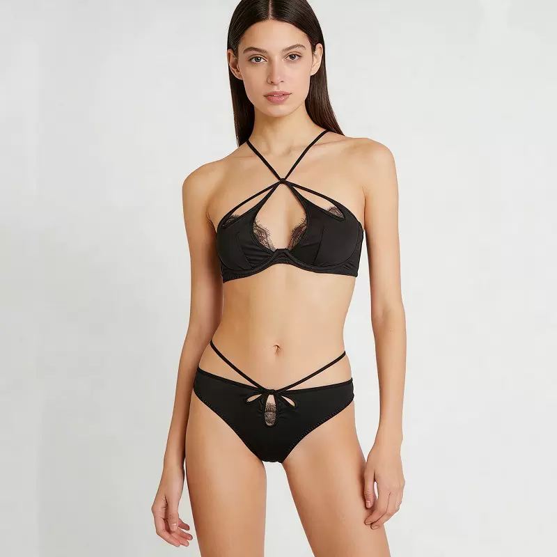 法式性感内衣色丁布光面镂空睫毛薄款软钢圈交叉绑带聚拢文胸套装