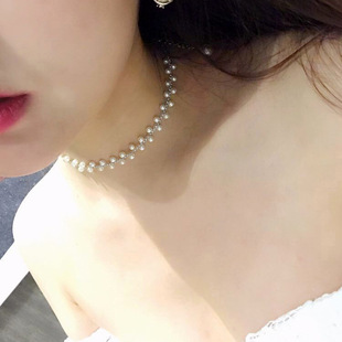 Wave adjustable length pearl necklace fairy sister clavicle chain S925 pearl chain Pearl silver neck jewelry