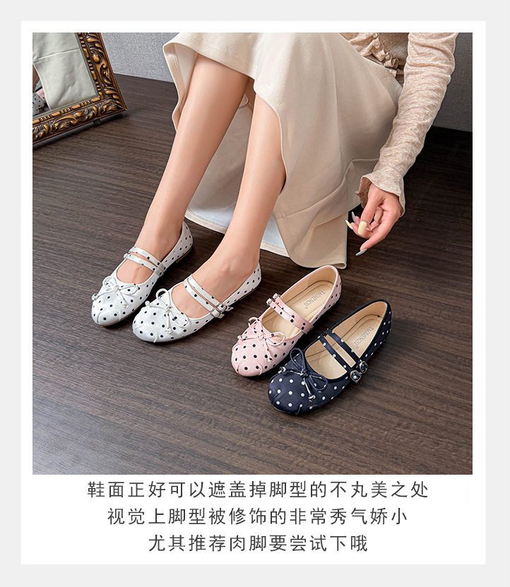Giày búp bê Mary Jane nữ mũi tròn chất liệu satin chấm bi thắt nơ, đế bằng gót thấp — Màu hồng, Màu trắng, màu đen chi tiết 10
