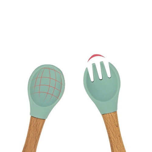 亚马逊母婴餐具用品木制手柄硅胶勺儿童喂养练习吃饭叉勺套装