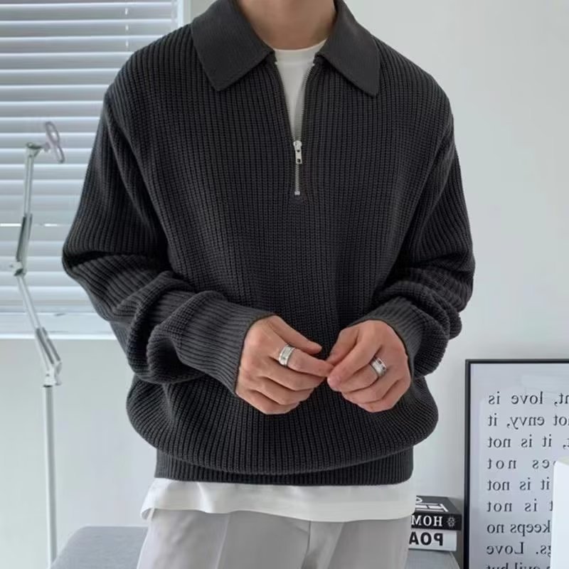 Half-Zip Knitwear Men's Autumn and Winter Trendyy New Lapel Knitwear Loose Vintage Casual Top