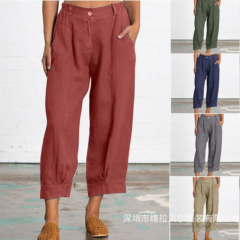 Large Stock of New European and American Style Loose Plus-Size Women's Cotton-Linen Solid Color Cropped Casual Pants on Wish and Aliexpress
