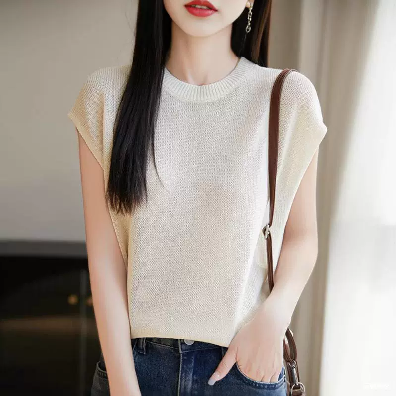 Весенне-летний новый вязаный жилет из ледяного шелка с круглым вырезом, женский однотонный тонкий пуловер с половиной рукавов, нижняя рубашка, футболка, топ