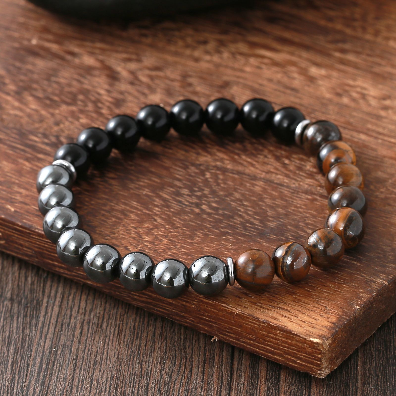 Cross-border TK Herrenarmband aus schwarzem Gallenstein, gelbem Tigerauge und Obsidian mit glattem, elastischem Design_voghion.com