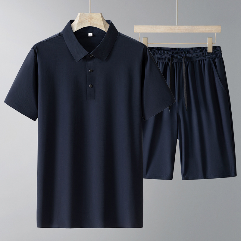 Papa set de pantalones cortos de verano de hielo de alta calidad elástico delgado de manga corta de mediana edad deportiva polo casual dos piezas set