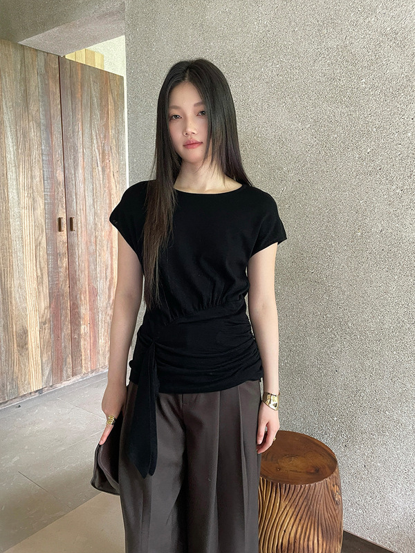 FONE简禾不规则小飞袖针织衫女2025秋季别致绑带收腰打底衫88196|undefined