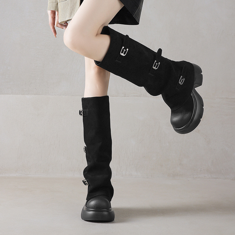 Boot nữ da lộn đế dày phong cách biker, gót platform 5 cm — màu đen