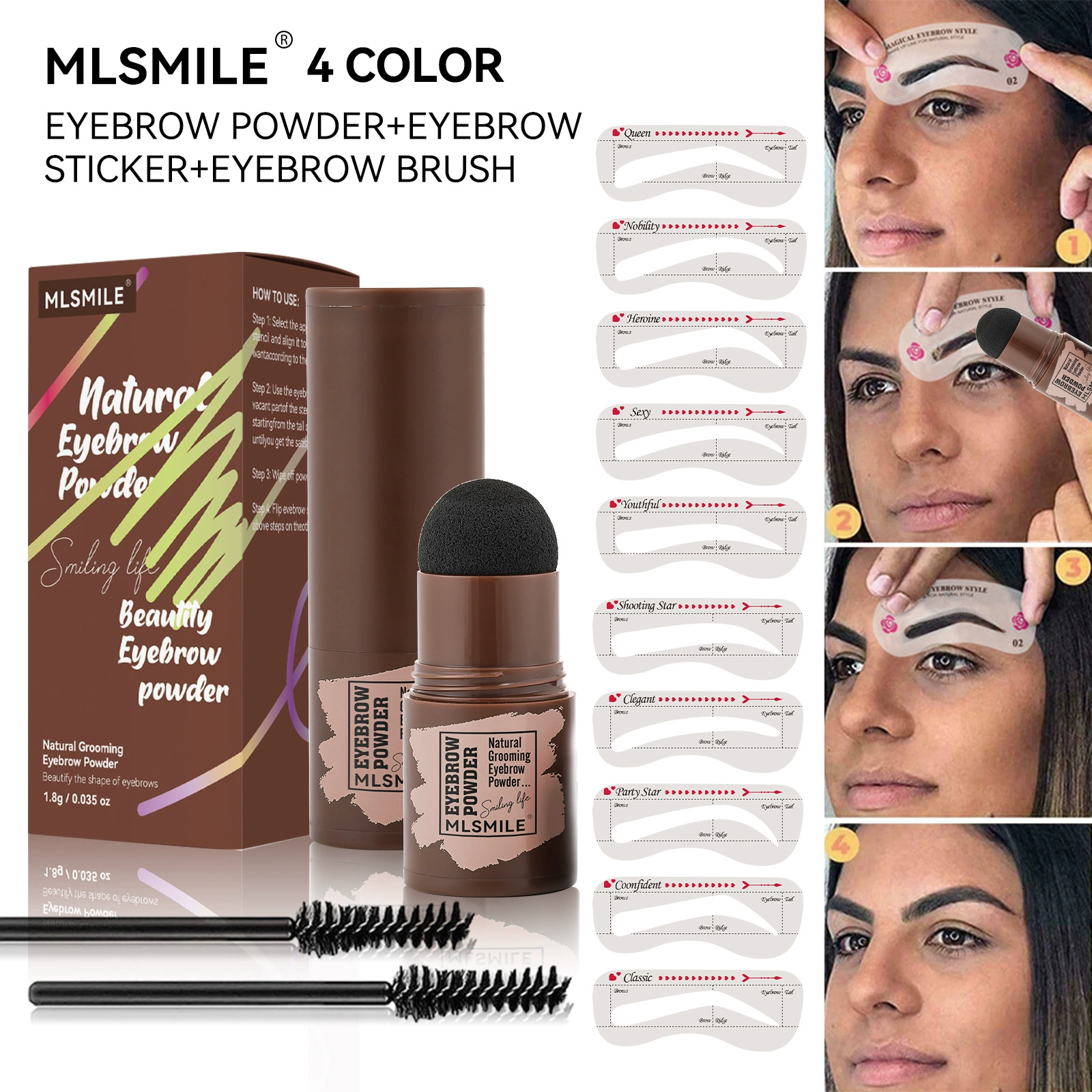 Eyebrow Powder Stick kit, 1.8 g, sponge applicator + 10 eyebrow stencils & 2 brushes, 4 colors
