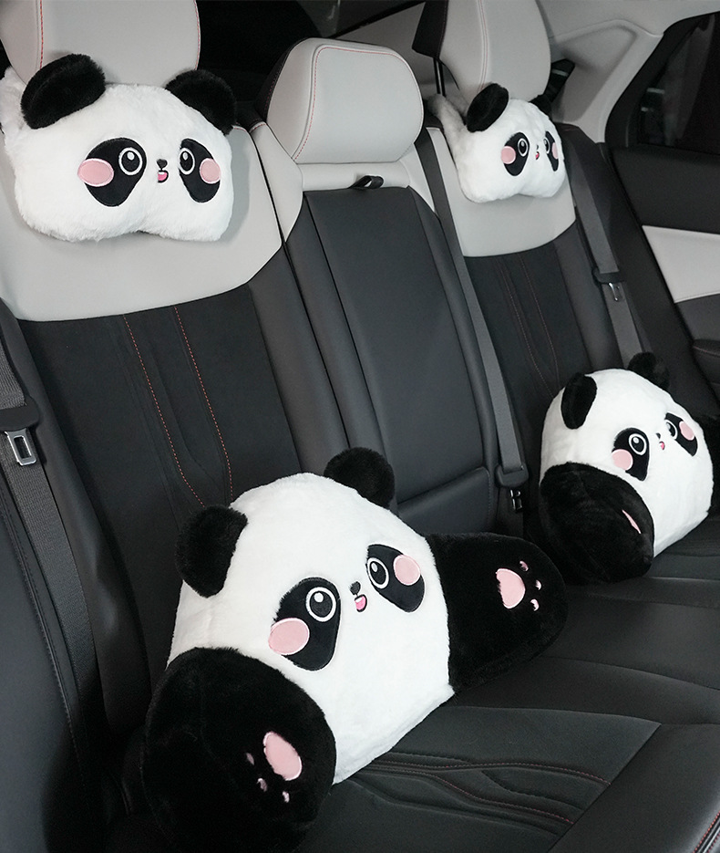 Panda car headrest imitation rabbit fur embroidered cartoon car comfortable neck pillow back cushion winter car waist cushion
