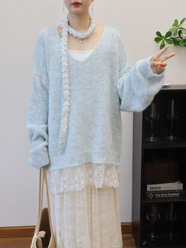 2025秋新款拼接蕾丝亮片设计感挂脖毛衣套头宽松甜美针织衫上衣女|undefined