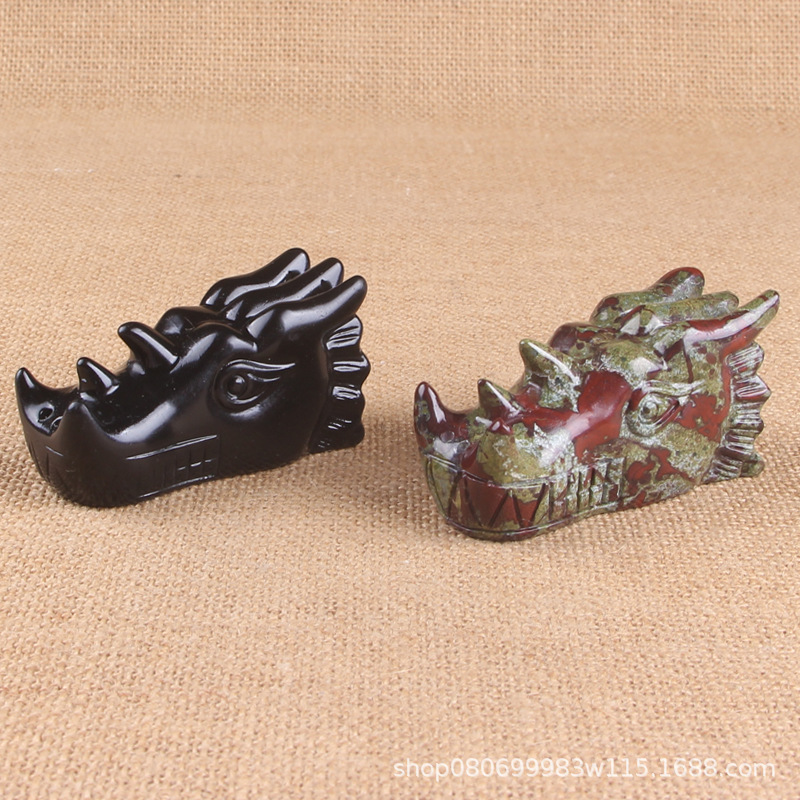 天然黑曜石龙头摆件中国风玉石水晶龙血石摆设工艺品跨境热销手工