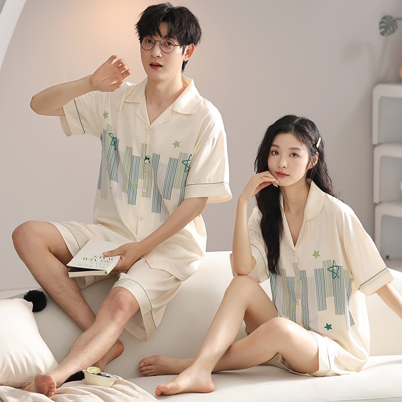 커플을 위한 2피스 아이스 실크 잠옷, 여름용 얇은 가디건, 고급 홈웨어, 남성용 및 여성용 시원한 시뮬레이션 실크 슈트