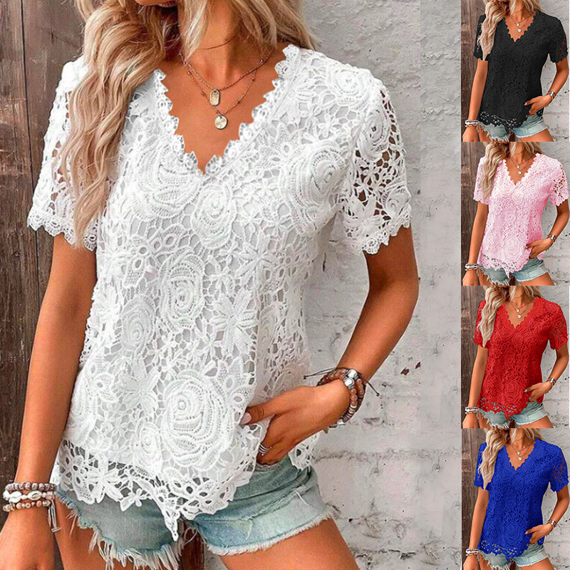 Independent Station Amazon 2024 Summer New Hot V-Neck Elegant Lace Top Short Sleeve T-Shirt